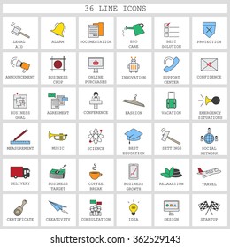 Thin Line Icons Set - Isolated On Background - Vector Illustration, Graphic Design. Collection Of: Investment, Seminar, Creativity, Target, Social Network, Delivery, Startup, Location Icons