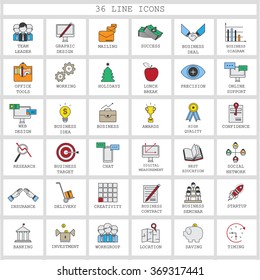 Thin Line Icons Set - Isolated On Background - Vector Illustration, Graphic Design. Collection Of: Investment, Seminar, Creativity, Target, Social Network, Delivery, Startup, Location Icons 