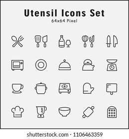 Thin line icons set of kitchen utensil. Editable vector stroke 64x64 Pixel.