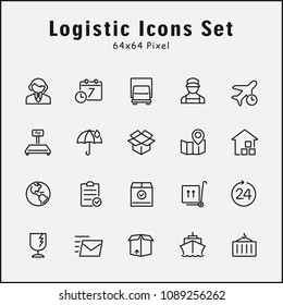 Thin line icons set of logistic, shipping, delivery. Editable vector stroke 64x64 pixel.