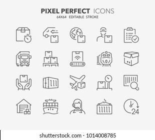 Thin line icons set of logistics and transportation. Outline symbol collection. Editable vector stroke. 64x64 Pixel Perfect.