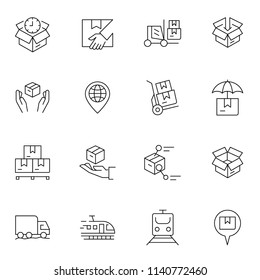Thin line icons set of logistics and transportation. Outline symbol collection.Simple Set of Package Delivery Related Vector Line Icons. Contains such Icons as Warehouse, Worldwide Shipping.Editable 