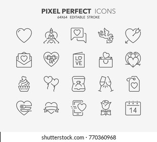 Thin line icons set of love and valentine's day. Outline symbol collection. Editable vector stroke. 64x64 Pixel Perfect.