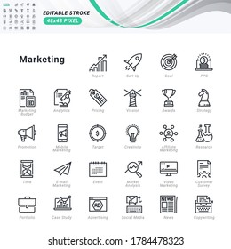 Juego de iconos de línea delgada de marketing. Iconos perfectos de píxeles, trazo editable.