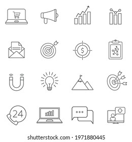 Thin line icons set of marketing, advertising and seo analytics. Outline symbol collection. Web Design, Mobile App. Eps10