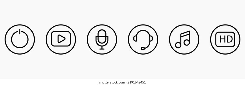Thin line icons set. Media player icons: power button, video, microphone, headphones, music, HD video. Set of six icons in a circle on a white background