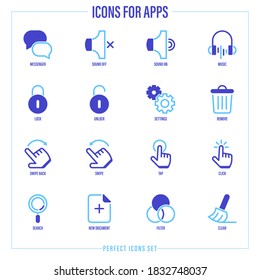 Iconos de línea delgada establecidos para la aplicación móvil. Messenger, sonido apagado, sonido encendido, música, bloqueo, desbloqueo, configuración, eliminar, girar, pulsar, pulsar, buscar, añadir nuevo documento. Ilustración vectorial.