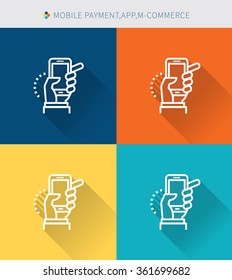 Thin thin line icons set of mobile payment & app and m-commerce, modern simple style