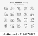 Thin line icons set of money, coins and finances. Outline symbol collection. Editable vector stroke. 64x64 Pixel Perfect.