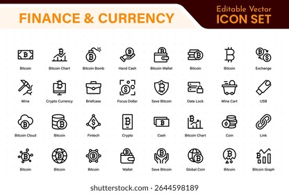 Thin line icons set of money, coins and finances. Outline symbol collection. Money, coins and finances thin line icon set. Outline icon collection.