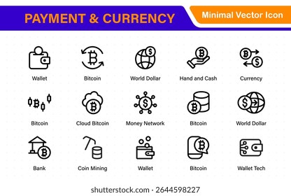 Thin line icons set of money and Currency, coins and finances. Outline symbol collection. Money, coins and finances thin line icon set. Outline icon collection.