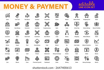 Thin line icons set of money, coins and finances. Outline symbol collection. Money, coins and finances thin line icon set. Outline icon collection.