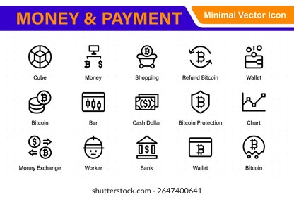 Thin line icons set of money, coins and finances. Outline symbol collection. Money, coins and finances thin line icon set. Outline icon collection.