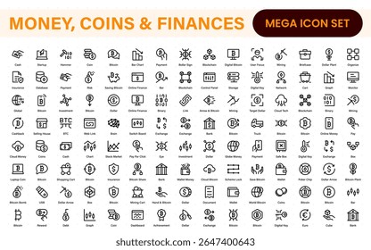 Linha fina ícones conjunto de dinheiro, moedas e finanças. Coleção de símbolos de tópicos. Dinheiro, moedas e finanças conjunto de ícone de linha fina. Contornar a coleção de ícones.
