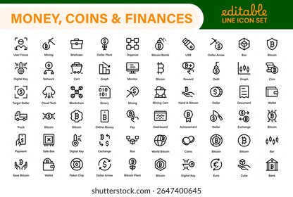 Thin line icons set of money, coins and finances. Outline symbol collection. Money, coins and finances thin line icon set. Outline icon collection.