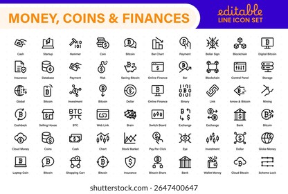 Thin line icons set of money, coins and finances. Outline symbol collection. Money, coins and finances thin line icon set. Outline icon collection.