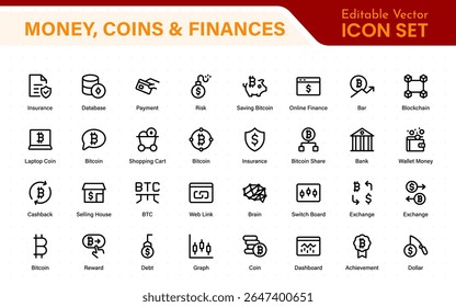 Thin line icons set of money, coins and finances. Outline symbol collection. Money, coins and finances thin line icon set. Outline icon collection.