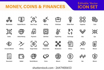 Linha fina ícones conjunto de dinheiro, moedas e finanças. Coleção de símbolos de tópicos. Dinheiro, moedas e finanças conjunto de ícone de linha fina. Contornar a coleção de ícones.