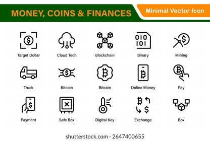Thin line icons set of money, coins and finances. Outline symbol collection. Money, coins and finances thin line icon set. Outline icon collection.