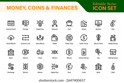 Linha fina ícones conjunto de dinheiro, moedas e finanças. Coleção de símbolos de tópicos. Dinheiro, moedas e finanças conjunto de ícone de linha fina. Contornar a coleção de ícones.