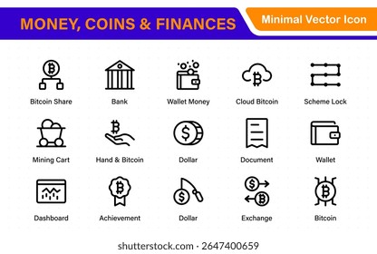 Linha fina ícones conjunto de dinheiro, moedas e finanças. Coleção de símbolos de tópicos. Dinheiro, moedas e finanças conjunto de ícone de linha fina. Contornar a coleção de ícones.