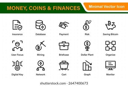 Thin line icons set of money, coins and finances. Outline symbol collection. Money, coins and finances thin line icon set. Outline icon collection.