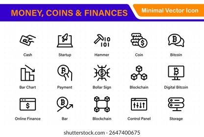 Thin line icons set of money, coins and finances. Outline symbol collection. Money, coins and finances thin line icon set. Outline icon collection.