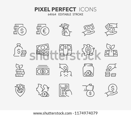 Thin line icons set of money, coins and finances. Outline symbol collection. Editable vector stroke. 64x64 Pixel Perfect.