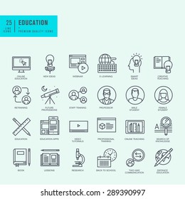 Thin line icons set. Icons for online education, video tutorials, training courses.