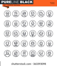 Thin line icons set of people avatars, for social network, social media, profile page. Icons for website and mobile website and apps with editable stroke. 