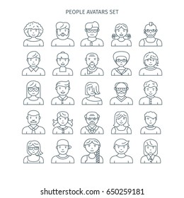 Thin line icons set of people avatars. Different age man and woman characters. Use for profile page, social network, social media.