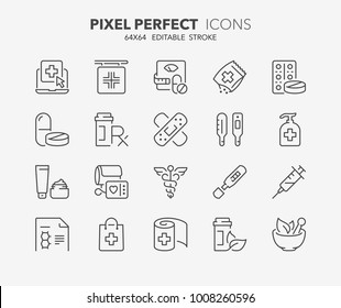 Thin line icons set of pharmacy products and services. Outline symbol collection. Editable vector stroke. 64x64 Pixel Perfect.