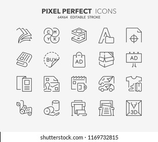 Thin line icons set of printing industry. Outline symbol collection. Editable vector stroke. 64x64 Pixel Perfect.