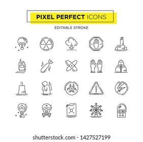 Thin line icons set of radioactivity environment. Outline symbol collection. Editable vector stroke. Pixel Perfect icons.