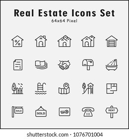 Thin line icons set of real estate, house. Editable vector stroke 64x64 Pixel.