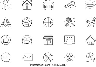 Thin line icons set for a recreation center or park. Vacations, summer, sport, rest, camp