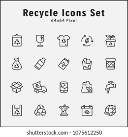 Thin line icons set of recycle, trash. Editable vector stroke 64x64 Pixel.