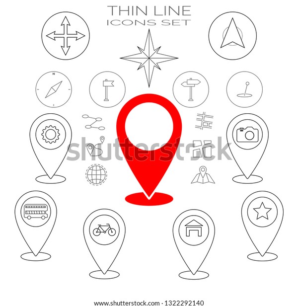 Thin line\
icons set. Red icon here and home gps geo location, navigation,\
transportation. Bus and bycycle transport, compas. Map pointer pin\
icons. EPS 10 Vector\
illustration