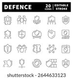 Thin line icons set related to defence and protection. Defence thin line icons set. Safe, shield, lock, security, alarm, guard, safety, protection symbols set