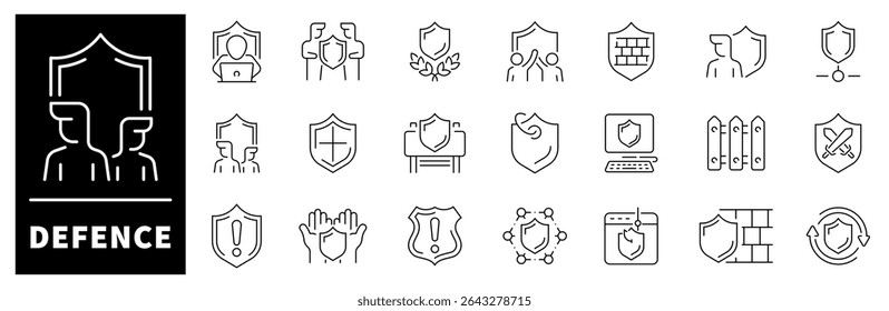 Thin line icons set related to defence and protection. Defence thin line icons set. Safe, shield, lock, security, alarm, guard, safety, protection symbols set