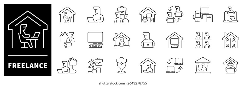 Thin line icons set related to freelance and working from home. Freelance thin line icons set. Remote working, freelancer, coworking related icons