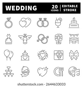 Thin line icons set related to wedding and marriage. Wedding icons collection in line style