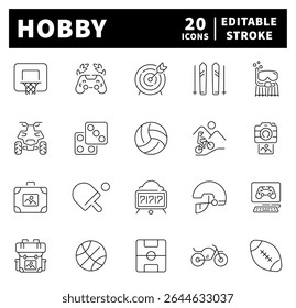Thin line icons set related to hobby and recreation. Hobby icons collection in line style.