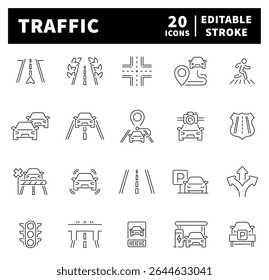 Conjunto de iconos de línea delgada relacionados con el tráfico y la conducción. Colección de iconos de tráfico en estilo de línea.