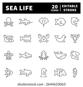 Thin line icons set related to sea life and sea fish. Sea life web icons collection in line style. 