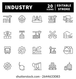 Conjunto de ícones de linha fina relacionado à indústria e à fabricação. Ícones da Web do setor no estilo de linha
