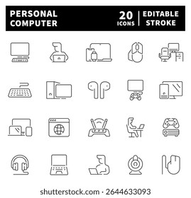Thin line icons set related to personal computer and devices. Collection of computer related outline icons