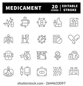 Thin line icons set related to medicament and medication drug. Medication web icons in line style. 