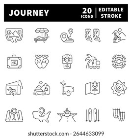 Thin line icons set related to journey and travel. Journey web icons in line style.