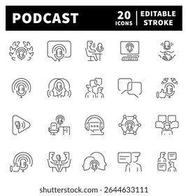Thin line icons set related to podcast and interview. Podcast web icons in line style. Podcast microphone, webcast, broadcast icons